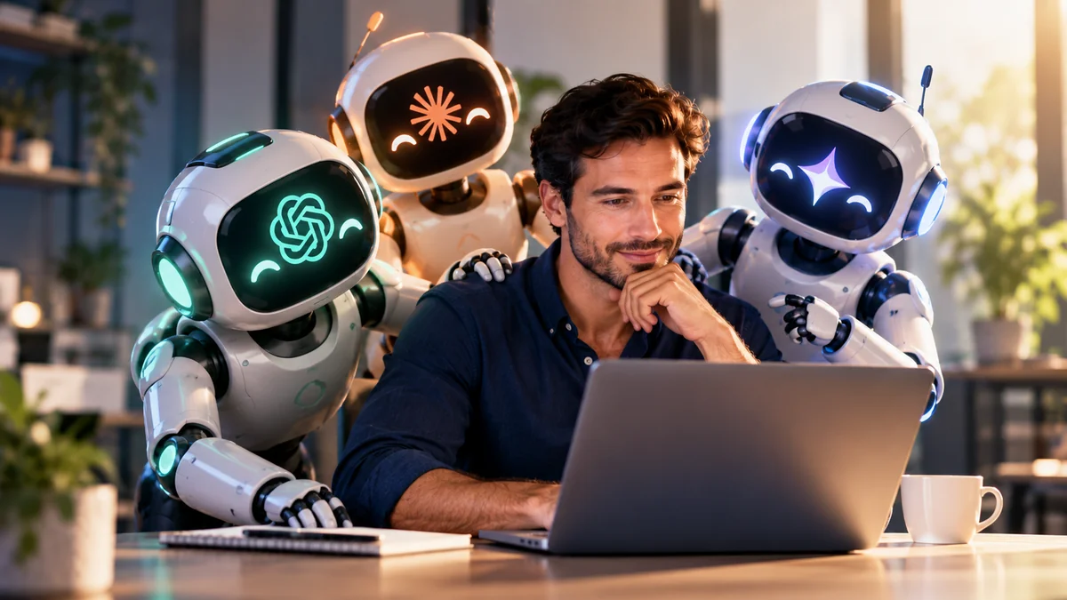 Profesional trabajando con tres asistentes de inteligencia artificial que representan ChatGPT, Claude y Gemini